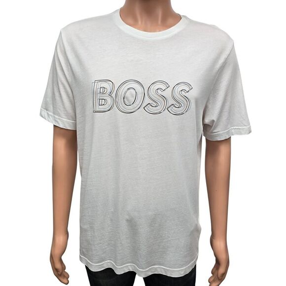 BOSS Hugo Boss Tee 1 T-shirt White Artwork Logo Graphic Size L Crewneck - Picture 5 of 15